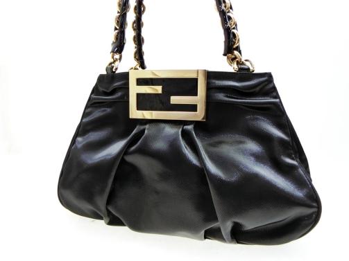 ◆Y8409 FENDI フェンディ デカ ロゴ 金具 ナイロン レザー チェーン バッグ 美品