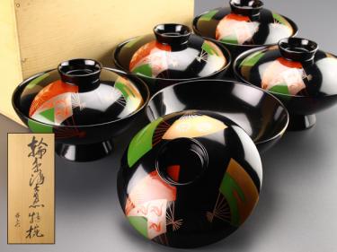 琴》能登輪島塗 扇面蒔絵煮物椀五客 共箱 BW924