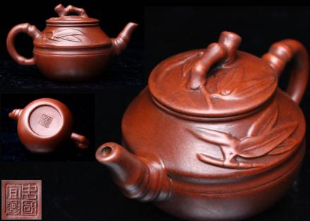 【櫻】中国宣興 朱泥笹図急須 煎茶道具 時代古玩 唐物 [g]3