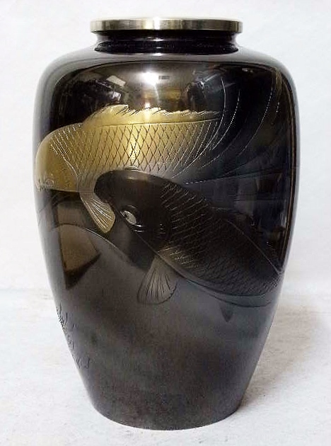高岡銅器 銅製花瓶 蒔絵 寸胴 双鶴 102-01 激安スタート 銅製 双 高岡銅器 銅製花瓶 蒔絵 寸胴 双鶴 102-01 激安スタート 銅製 双