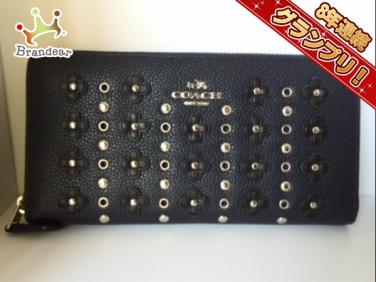 黒と白 コーチ COACH 財布 長財布 レザー ダークネイビー×黒 ラウンド
