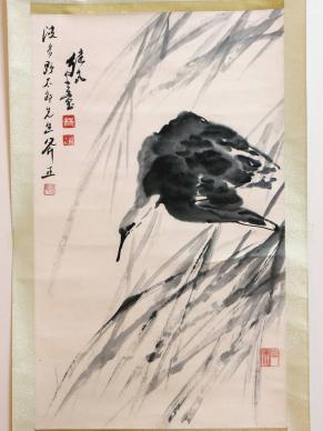 CCR 掛軸] 中国 当代水墨画 林姓「芦雁図」紙本肉筆 中国文学者(文学