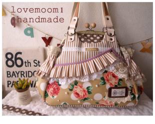 ハンドメイド*+.春色。。クラシカルローズ♪ラミネート♪ふりふりガーリー♪あおりがま口バッグ♪リュックok...lovemoon