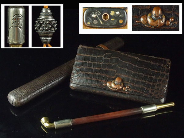 URA]時代煙管入金口銀細工達磨彫古竹煙管透銀細工緒締鰐皮寿老人型金具