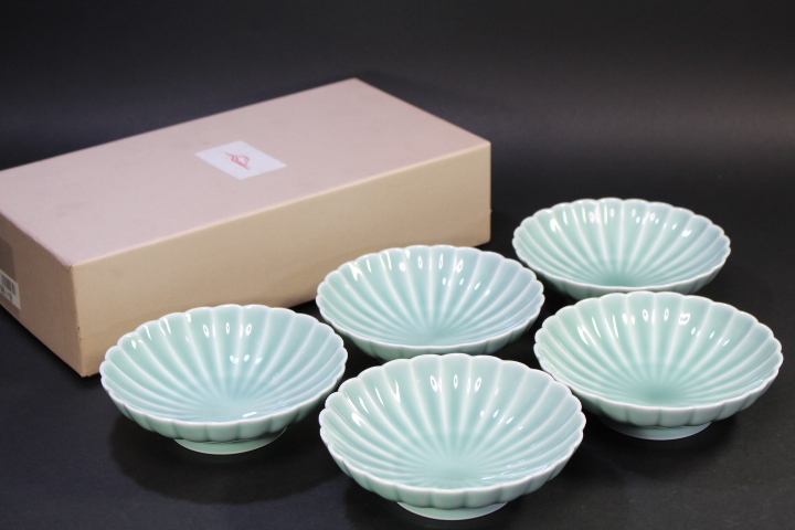 x-52 深川製 青磁 菊割小付 五客揃 向付/和食器
