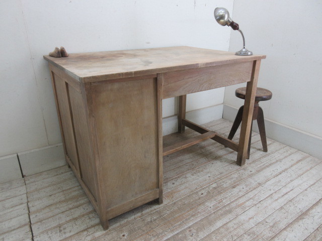 古い木製の片袖机引き出し5杯ワークデスク作業台古家具アンティーク