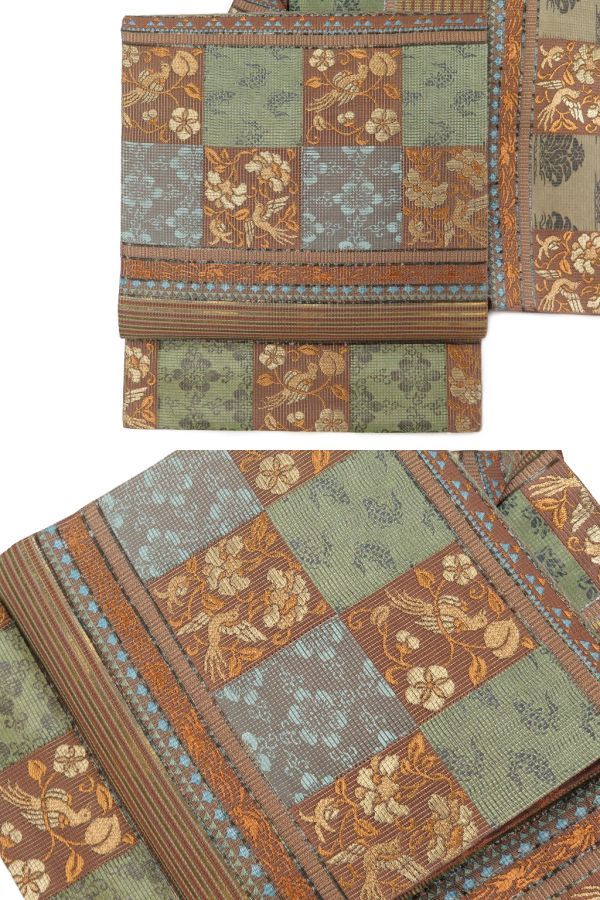 新品 特490srihana 織成織袋帯 6通柄 横段に市松 枯茶色 新品 特490srihana 織成織袋帯 6通柄 横段に市松 枯茶色