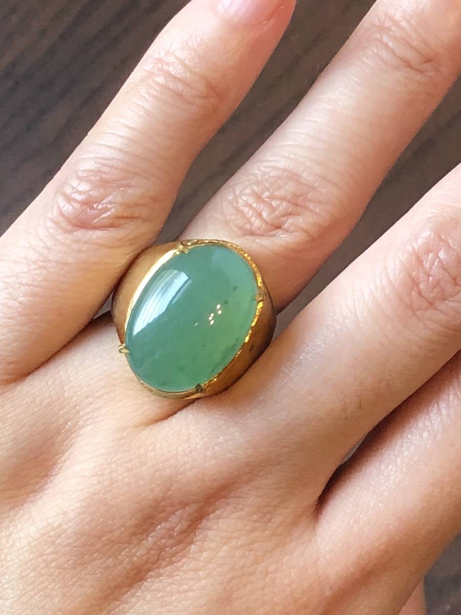 特大 19mm×14mm ☆ 天然無処理 本ヒスイ 翡翠 リング ☆ルース ソ付き
