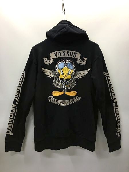 ◇m VANSON × LOONEY TUNES バンソン コラボ フルジップ パーカー XLサイズ ルーニーテューンズ トゥイーティー刺繍 ブラック
