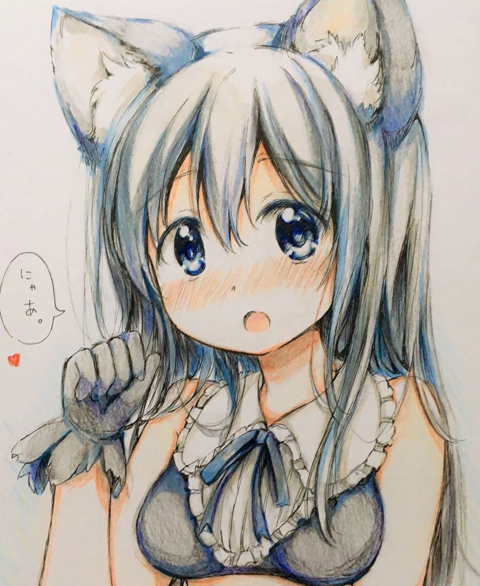 同人手描きイラスト色紙 【オリジナル】ネコミミの女の子ちゃん(手描き