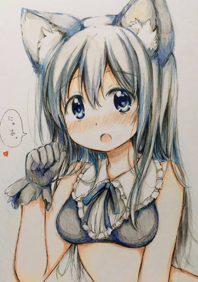 プロ手描き色紙 オリジナル猫耳キャラクター 声優ボイス おまけシール付き 同人手描きイラスト色紙 【オリジナル】ネコミミの女の子ちゃん(手描き