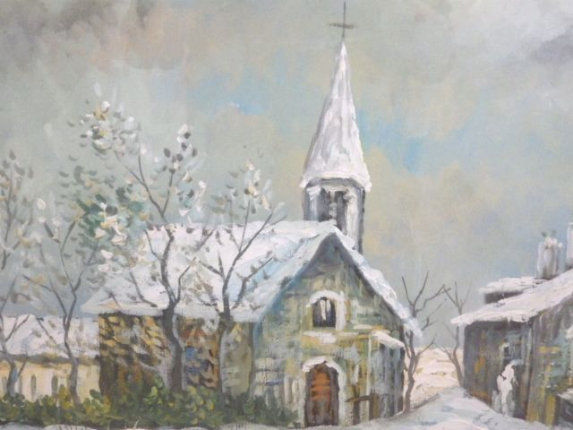 ◇年代物 油絵/油彩 F10号 雪景色/風景画/教会 作家サイン入り 額装