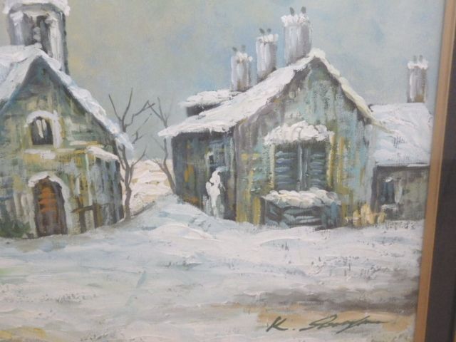 ◇年代物 油絵/油彩 F10号 雪景色/風景画/教会 作家サイン入り 額装