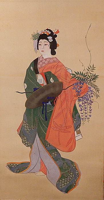 【真作】掛軸　美人画掛軸　春風にたたずむ立ち姿・華やかな和装美人　合箱入　V95 掛軸 美人画 - 日本画 真作掛軸 春風にたたずむ立ち姿・華やかな和装