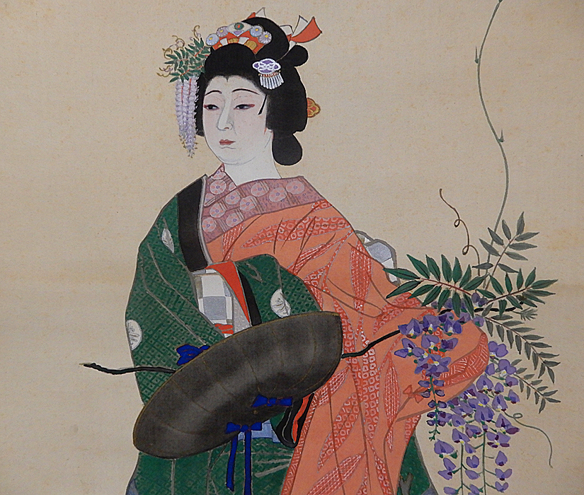【真作】掛軸　美人画掛軸　春風にたたずむ立ち姿・華やかな和装美人　合箱入　V95 掛軸 美人画 - 日本画 真作掛軸 春風にたたずむ立ち姿・華やかな和装