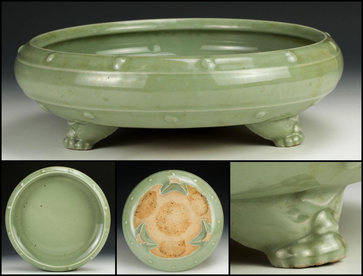 中国美術 青磁 刻模様 鋲縁 三足水盤(K-A856) 佳香】時代 青磁三足水盤 青磁 中国美術 水盤 鋲縁 三足水盤(