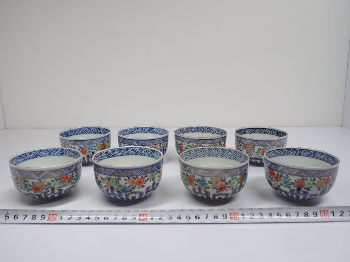 古伊万里 りん茶碗8客 直径：8.9cm 木箱付 C552Y 80サイズ ,サイズ