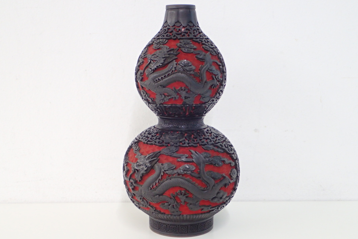 中国美術 唐物 堆朱七宝細工 唐草彫大花瓶 高さ30.6cm HK22-
