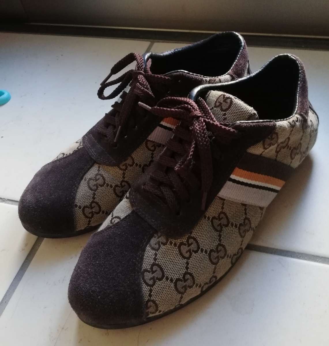 ☆GUCCI GG柄 キャンバス/レザースニーカー☆ブラウン グッチ☆25.5