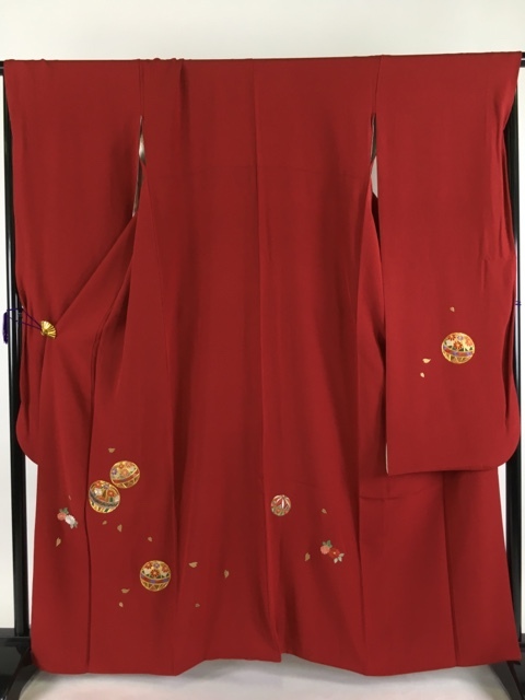 振袖 | 名品 正絹 赤 バイセル L kimono ◇ 金糸 絞り 橋 菊 袷