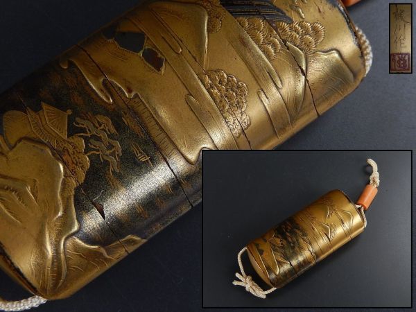 古美術 時代印籠 梶川作 木製漆塗金蒔絵 珊瑚緒締め 時代物 細密細工
