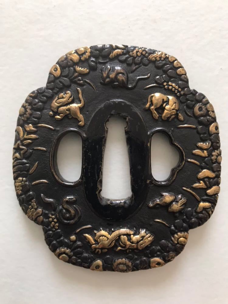 十二支の図鐔 日本刀刀装具 鍔 Tsuba つば 鐔 干支 新年 金象嵌 153g