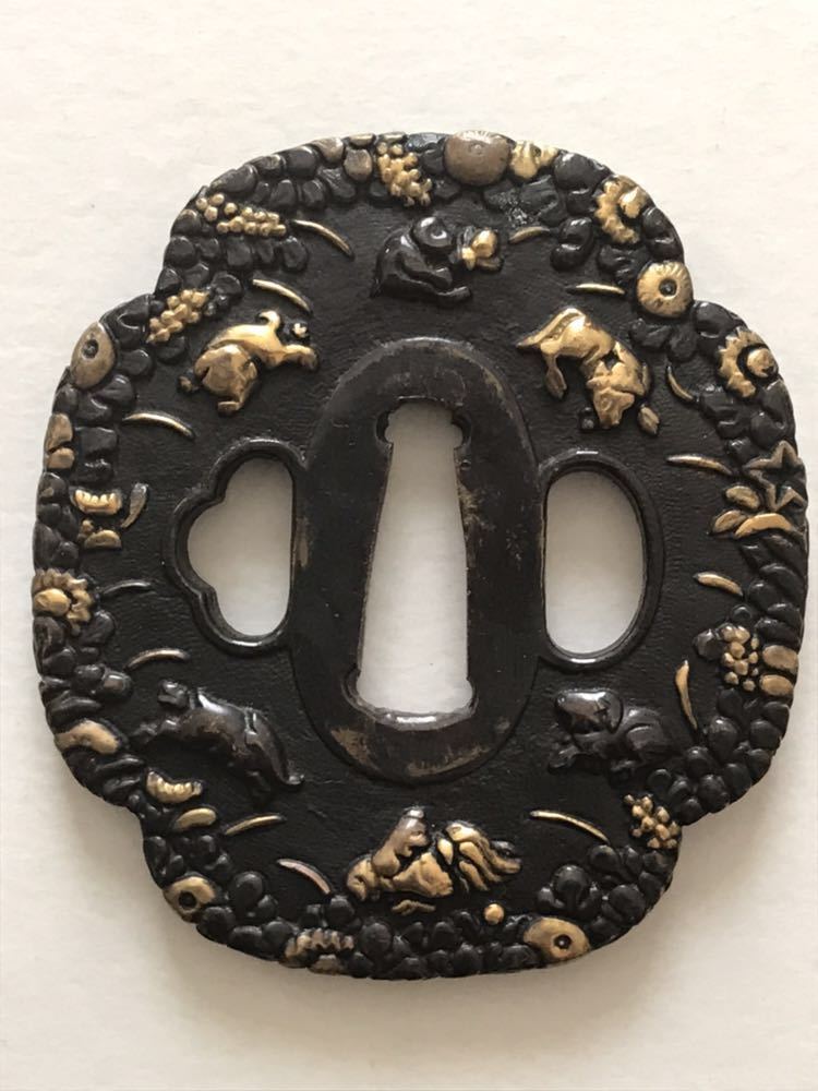 十二支の図鐔 日本刀刀装具 鍔 Tsuba つば 鐔 干支 新年 金象嵌 153g