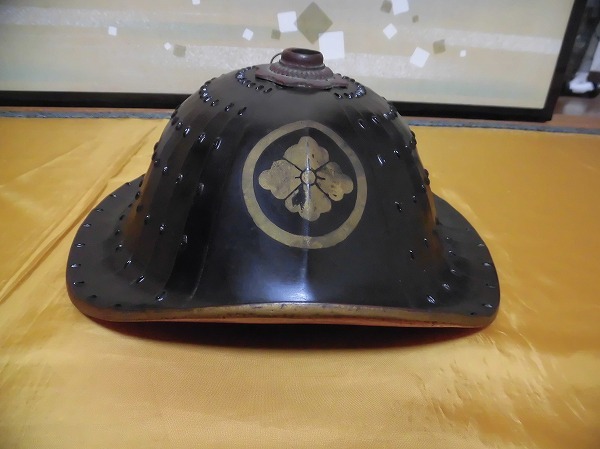 時代武具 陣笠 ☆アンティーク 時代武具 陣笠 紋あり☆ 陣笠 時代武具 竹編黒漆 ☆H30919