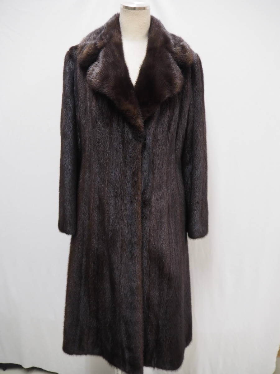 サガミンク ダークブラウン ターコイズ ロングコート 幾何学柄