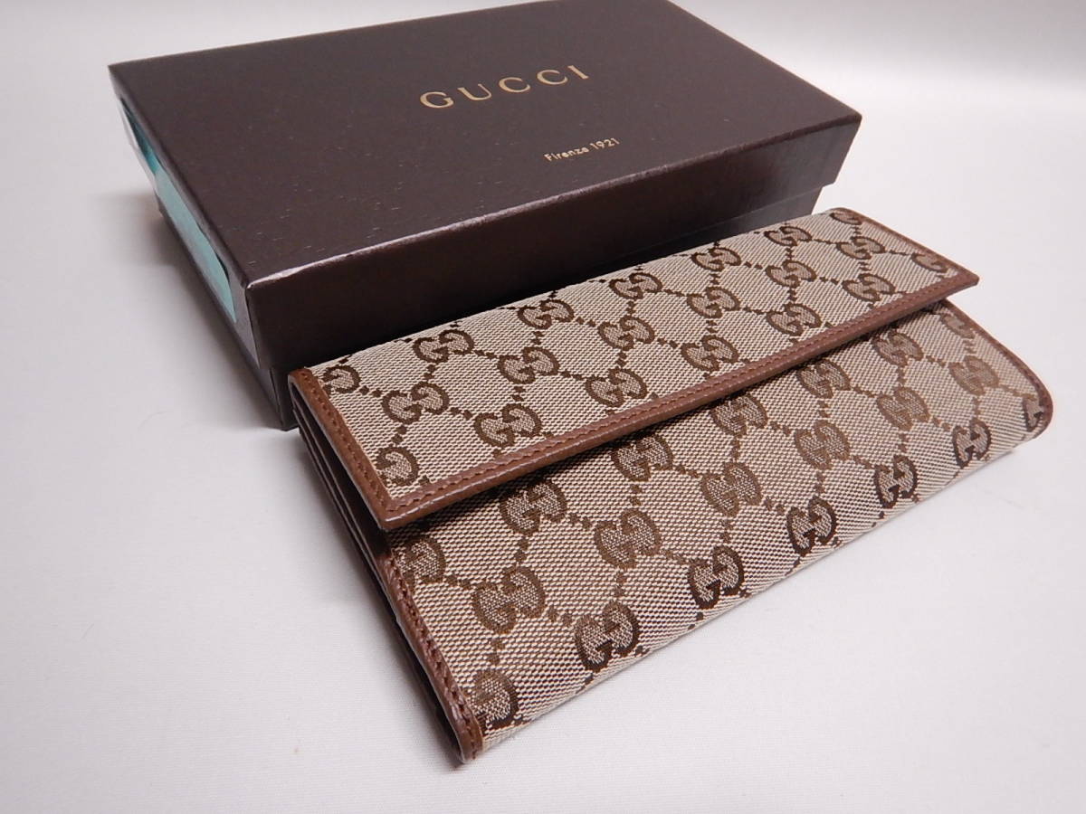 新品□GUCCI グッチ 二つ折り長財布 GGキャンバス×レザー ブラウン 