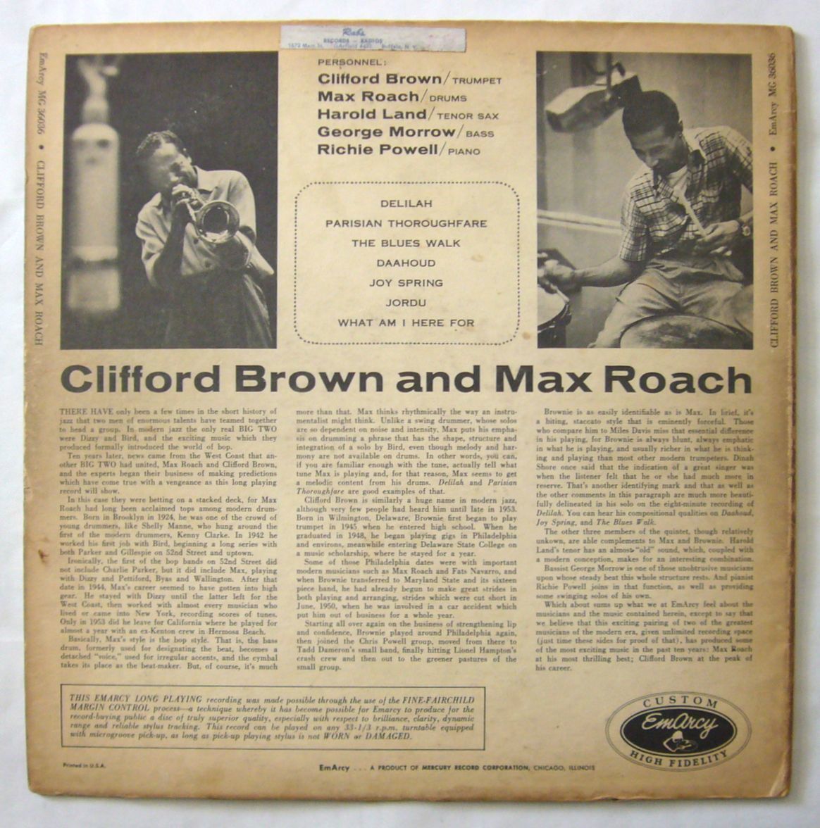 ★至高の一枚【US初期モノラル盤／深溝DG／小ドラマー】 クリフォード・ブラウン ☆US ORIG MONO LP☆CLIFFORD BROWN AND MAX ROACH 1955年 EMARCY 深溝 青