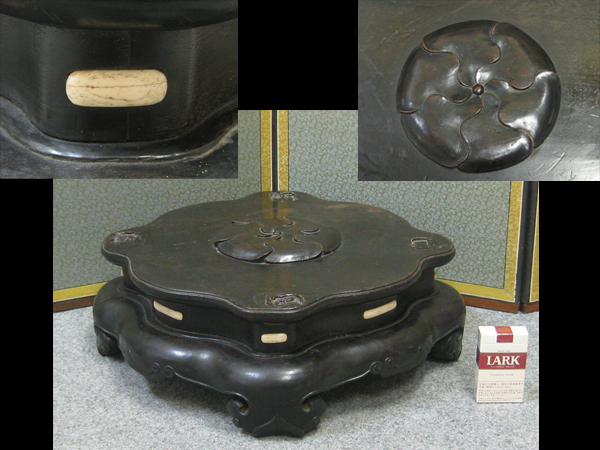 古玄社】時代名品 古い超厚重唐木造花唐草彫文骨象嵌四足用／超大花台