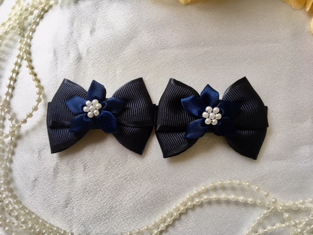 ○。handmade。○　　サテンのお花のリボン　navy/navy　　入学式・卒業式　　入園式・卒園式に_1