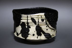加藤唐九郎 織部黒茶碗／共箱・共布・仕覆／一無斎（一ム