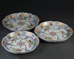 古伊万里 金襴手 鶴に松竹梅の図 4寸皿 2枚 【杜】 伊万里