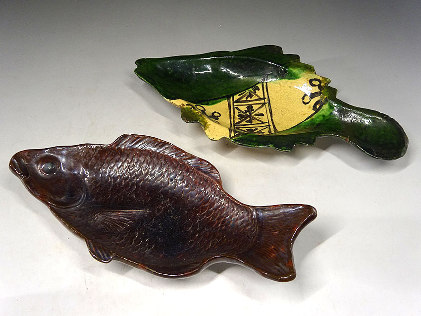 緑屋□i9*z 時代物 向皿 5点 魚形 古織部 黄瀬戸 在銘 等 箱付 12192