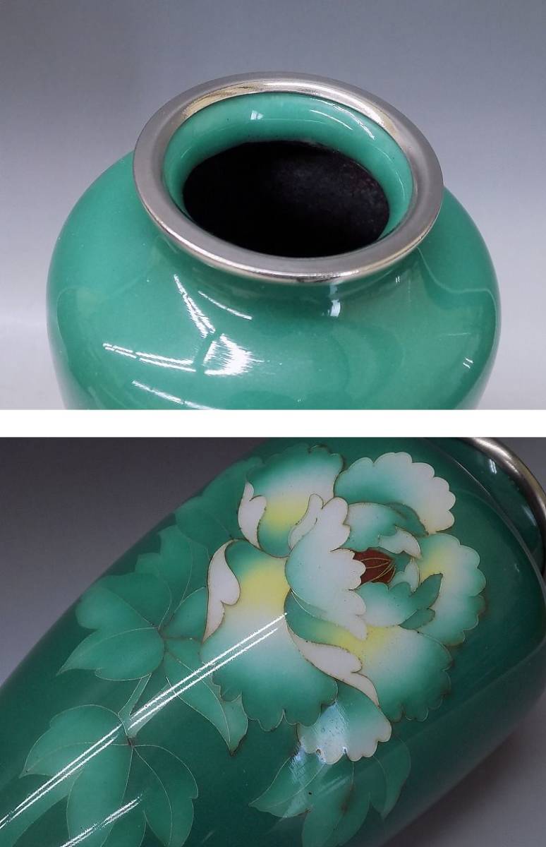 時代物 七宝造 花瓶 二点 透赤色 安井造 緑釉 翡翠色 薔薇文 台座付 共箱 花入 花生 花器 日本美術