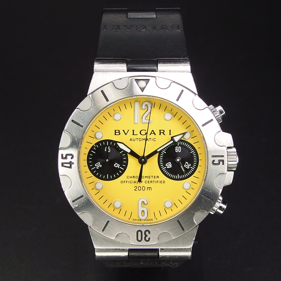【超希少 イエロー】 BVLGARI ブルガリ Diagono ディアゴノ スクーバ クロノ クロノメーター SCB38S 自動 メンズ 腕時計 ギャラ/取説/箱付