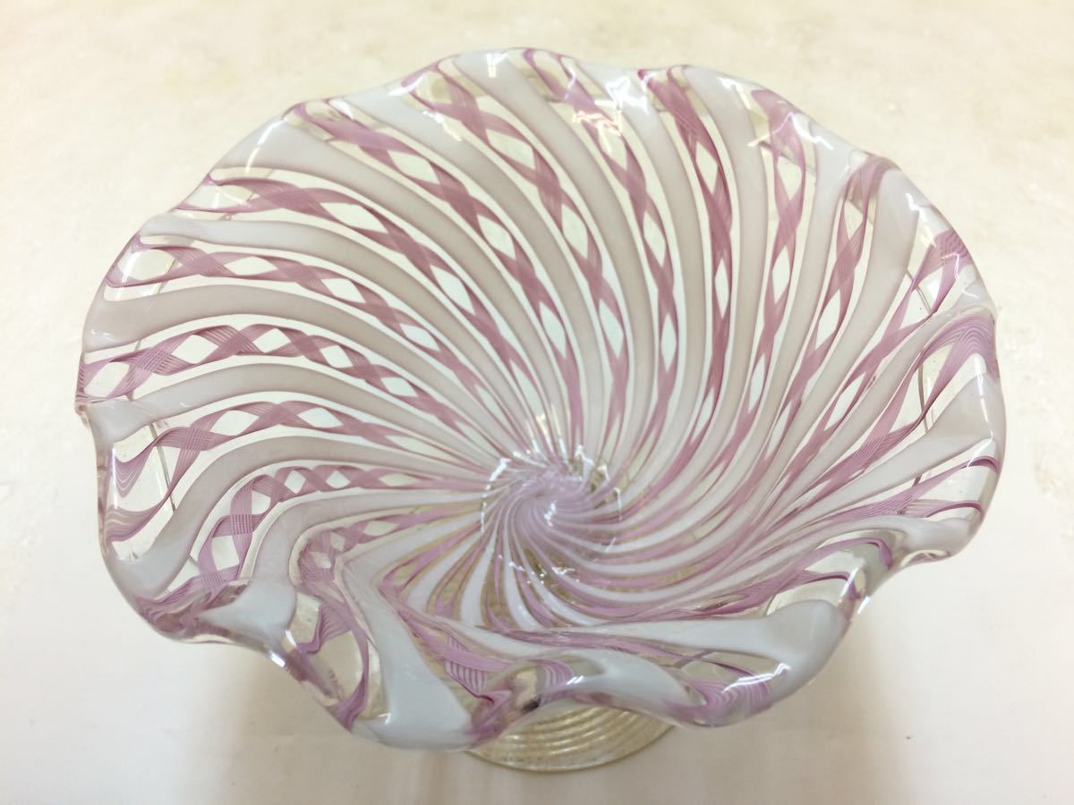 ベネチアンガラス ムラノ MURANO コンポート ピンク レース インテリア