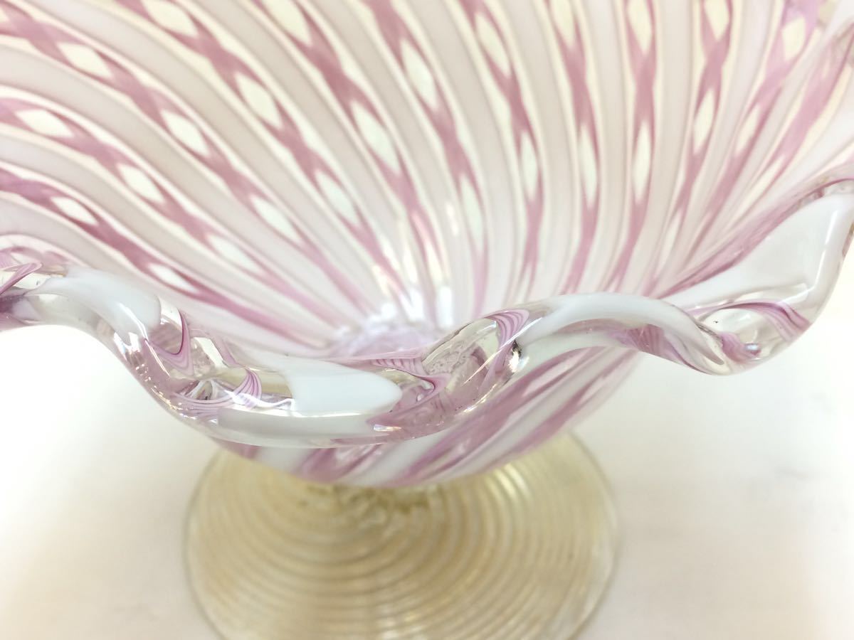ベネチアンガラス ムラノ MURANO コンポート ピンク レース インテリア