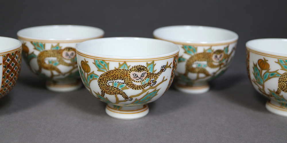 御室焼 北村和善 煎茶碗 色絵金彩 七宝猿手金唐革写文 煎茶碗 6客