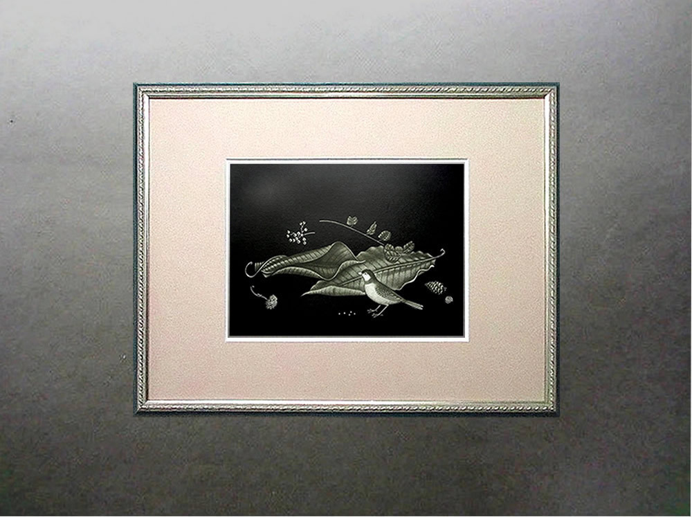 ◇ルーブル美術館収蔵作家◇ 長谷川潔 銅版画 【 小鳥と二葉 】1964年作