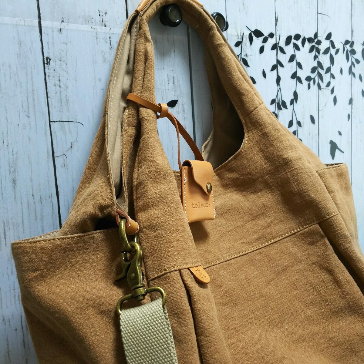 toleur 〔トーラ〕 コットンリネン× 牛革 2wayトートバッグ ミニバッグ付き　ベージュ　春夏バッグ　