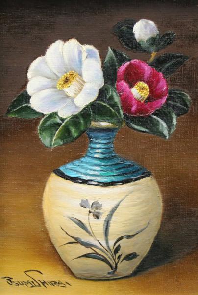 | Hiroshima Scene （Art Craft EiM：彼岸の光、此岸の影」華山 【真作】【WISH】白井大澄 「椿」SM 油彩 ◆花瓶花逸品　新美術家集団委員、個展（そごう他）38、都知事賞他多数、愛知 #19044720