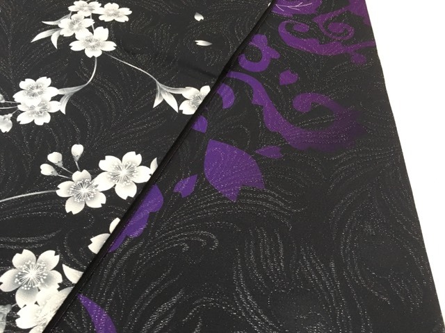 バイセル 着物 名品 袋帯 黒 桜 花唐草 孔雀の羽 銀糸 正絹 ☆☆☆☆