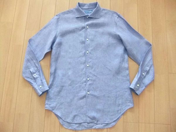 【美品】鎌倉シャツメーカー★ホリゾンカラーリネンシャツ★淡ブルー★41-16
