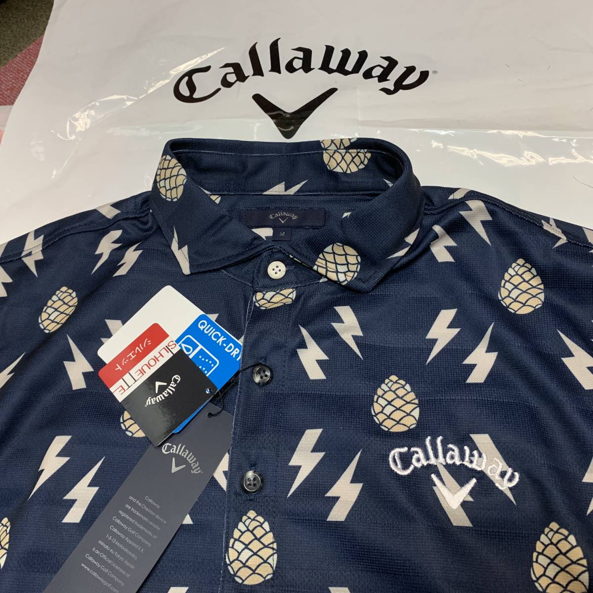 ★新品タグ付/サイズLL★Callaway/キャロウェイ★総柄プリント/吸汗速乾/UVカット/半袖ポロシャツ★ネイビー/紺系