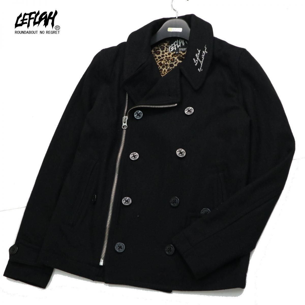 LEFLAH レフラー ロゴ刺繍 裏地レオパード★ ライダース風 ウール Pコート ジャケット Sz.M　メンズ 黒　c59tc217
