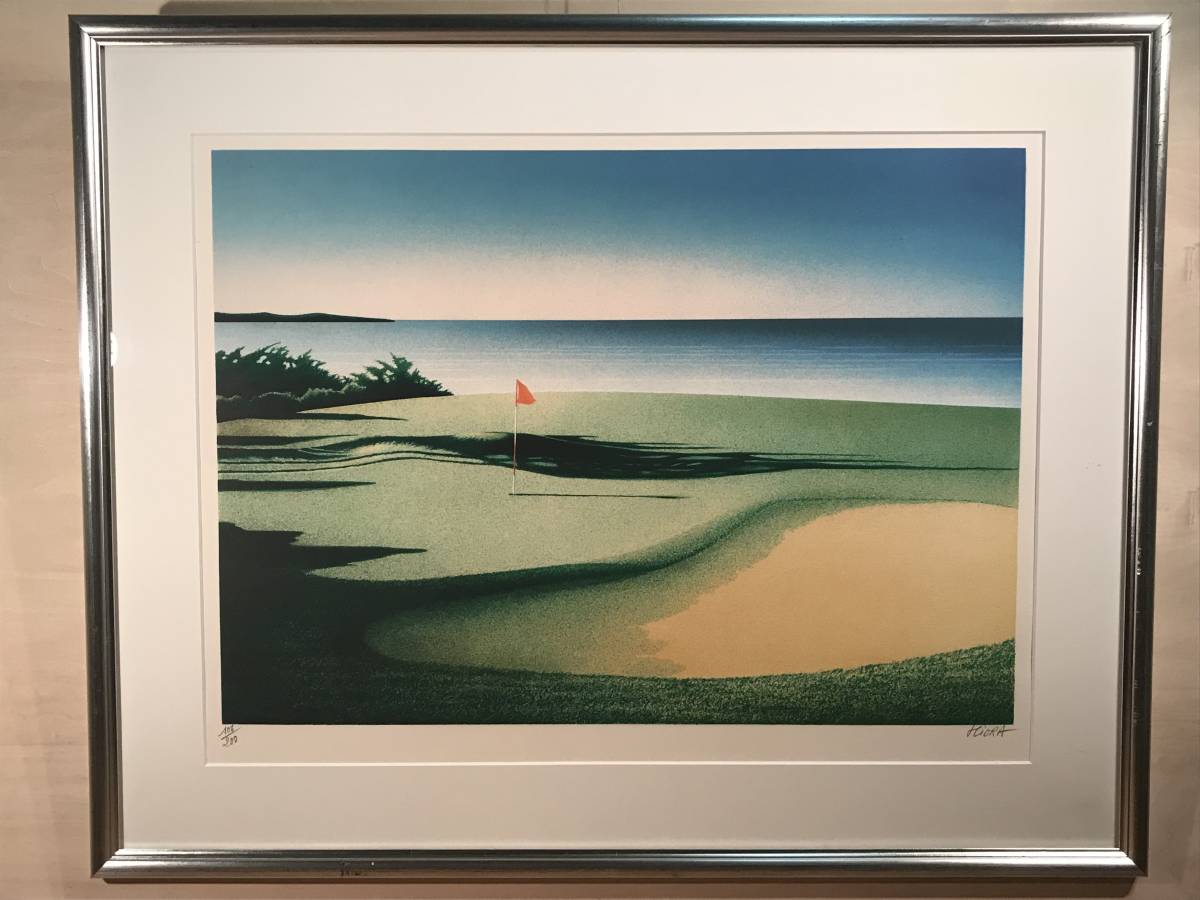 絵画　直筆サイン入り　リトグラフ ダニエル・スキオラ　黄色い旗　ゴルフコース ダニエル・スキオラ リトグラフ 真作 『ゴルフ場の黄色い旗』 黄色い旗
