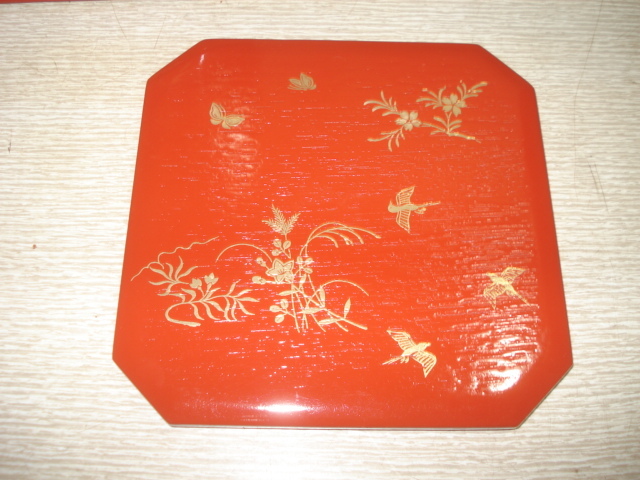 縁高重 朱塗 花鳥 淡々斎好写 茶道具 菓子器 中村湖彩作（化粧箱）五